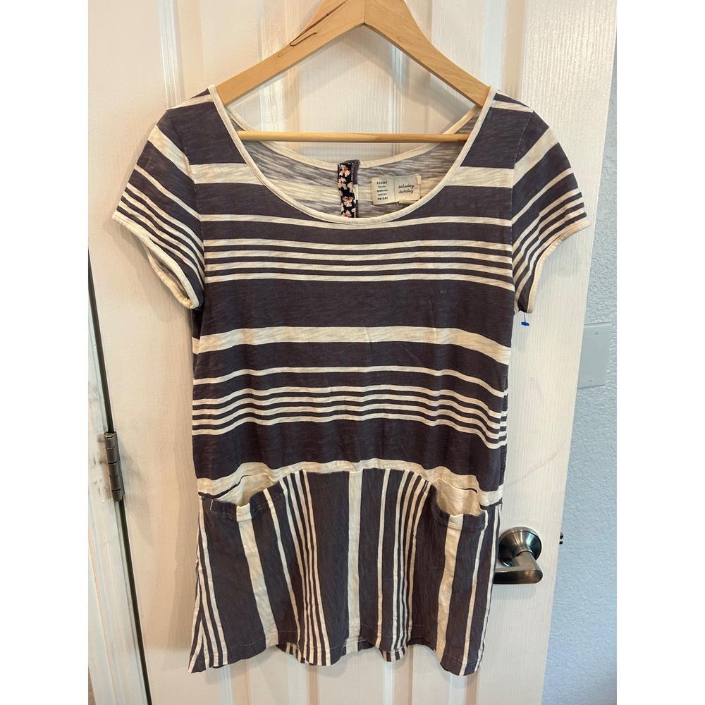 Saturday Sunday Anthropologie Tunic Blue Striped Pocket‎ Button Back Top S